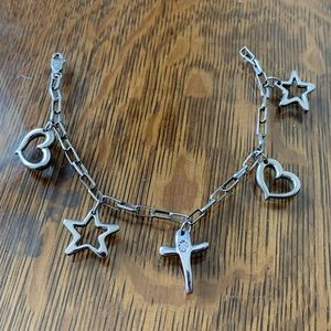 Stainless Steel Silver Star Heart Charm Bracelet Signed Handcrafted Jewelry Vtg